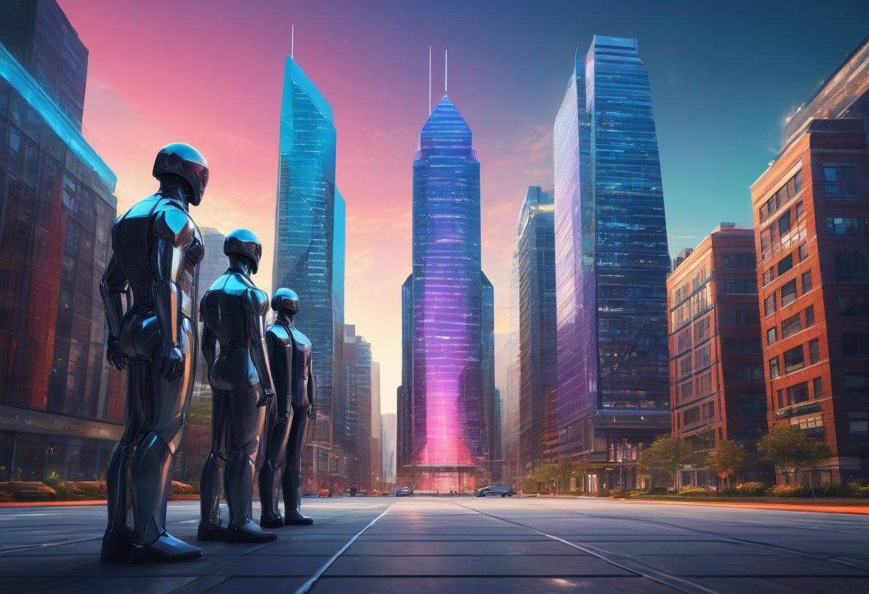 A modern, sleek cityscape with towering buildings, with one building displaying 'Lexington Steel' prominently. A series of interconnected web-like digital networks spanning across the city, symbolizing advanced web hosting and management. Business people shaking hands in the foreground, representing partnership and growth. super-realistic. vibrant colors. futuristic style.