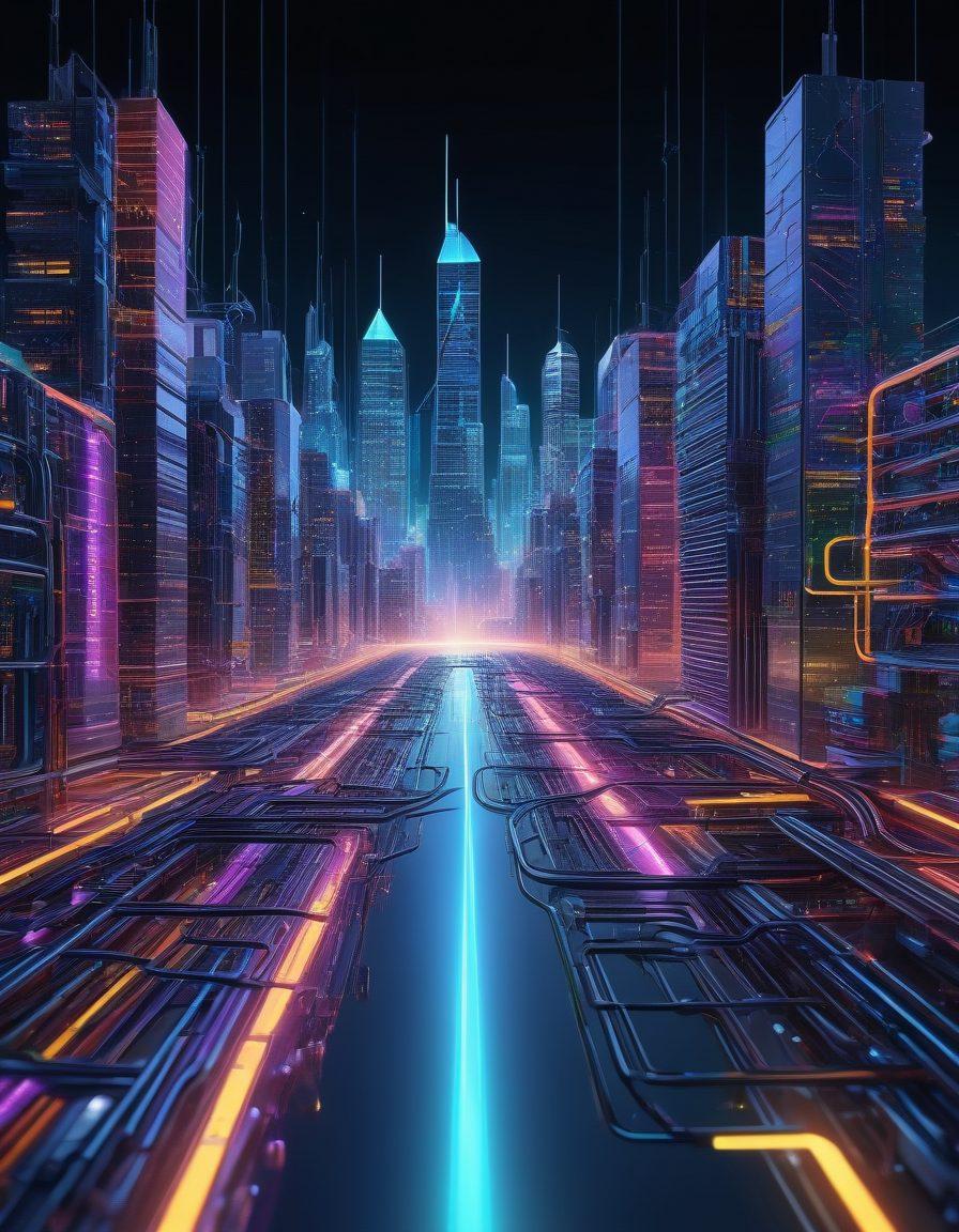 A sleek and modern digital cityscape featuring interconnected buildings made of computer circuits and servers, with Lexington Steel's logo prominently displayed in the center. Symbolize the flow of data and online services with streams of light and vibrant colors, depicting growth and connectivity. futuristic design. vibrant colors. 3D.