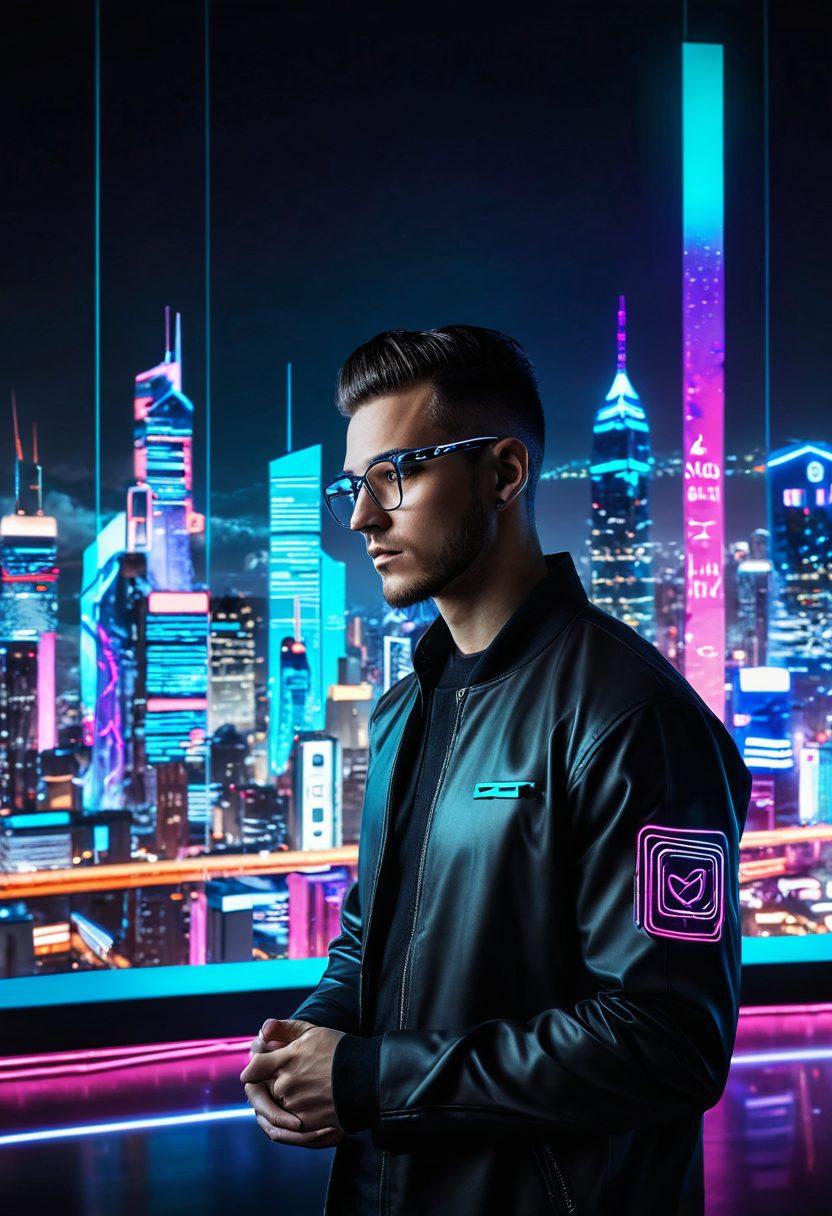 A modern, sleek digital landscape with interconnected web designs and SEO graphs. A tech-savvy professional at the center, symbolizing mastery over digital tools. Vibrant cityscape backdrop with neon lights, representing growth and digital presence. Cyberpunk style with vibrant colors.